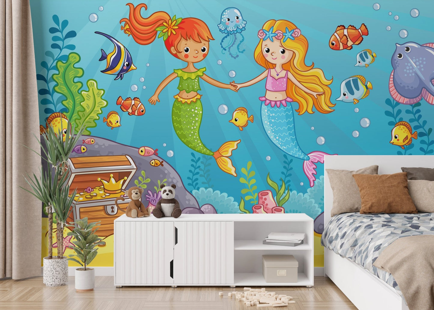 Vibrant sea alliance wall mural featuring a treasure chest in a child’s room.