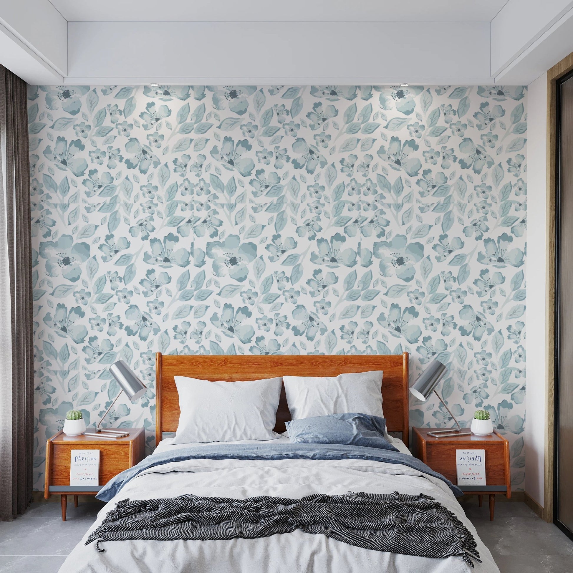 Bedroom with Aqua Bloom Serenity Wallpaper.