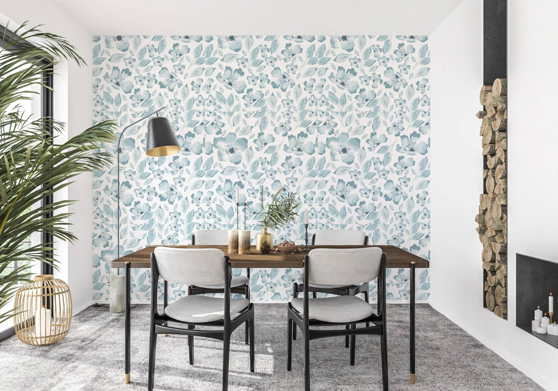 Dining room with aqua leaf print wallpaper on the main wall.