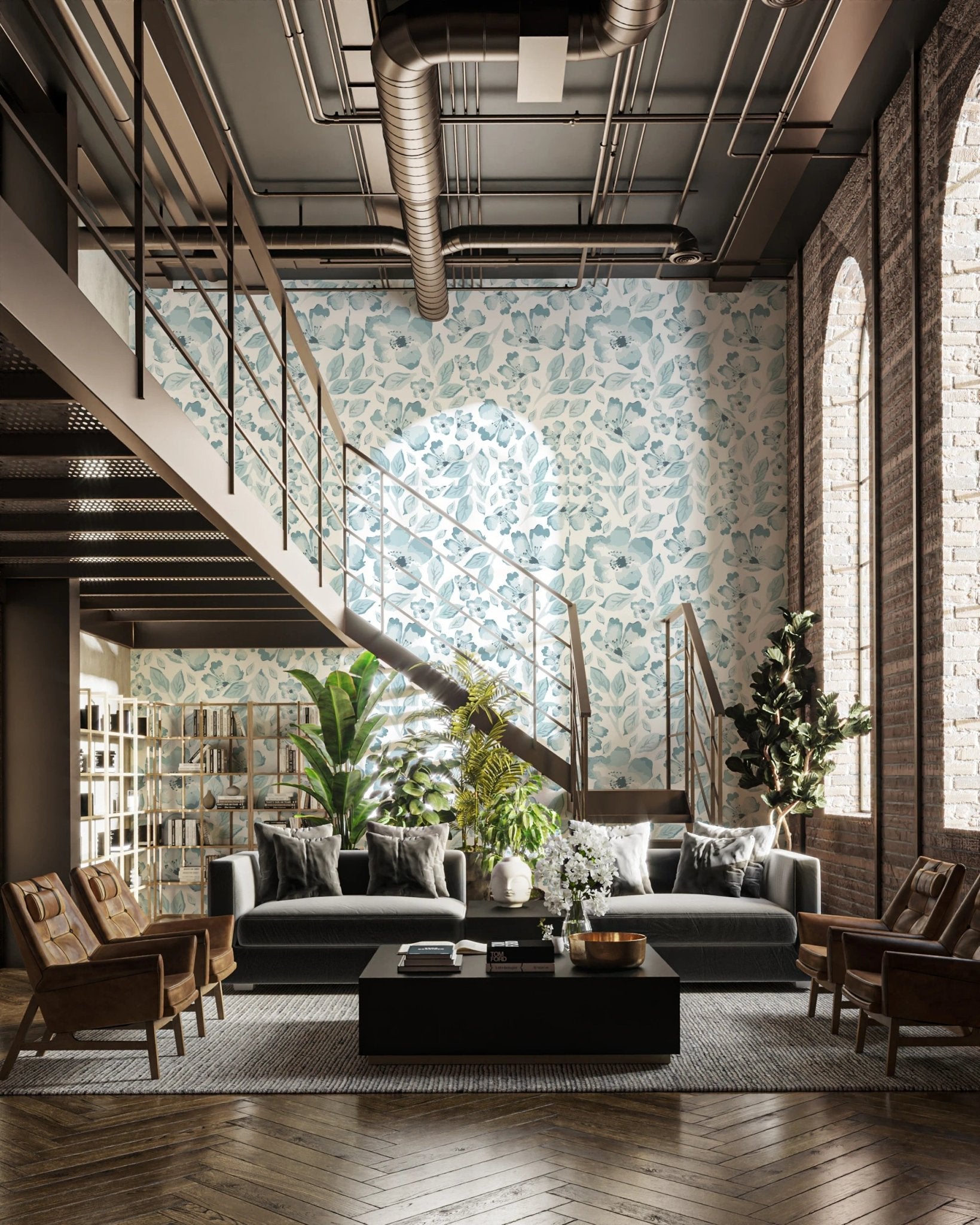 High ceiling loft space with floral bloom wallpaper as backdrop.