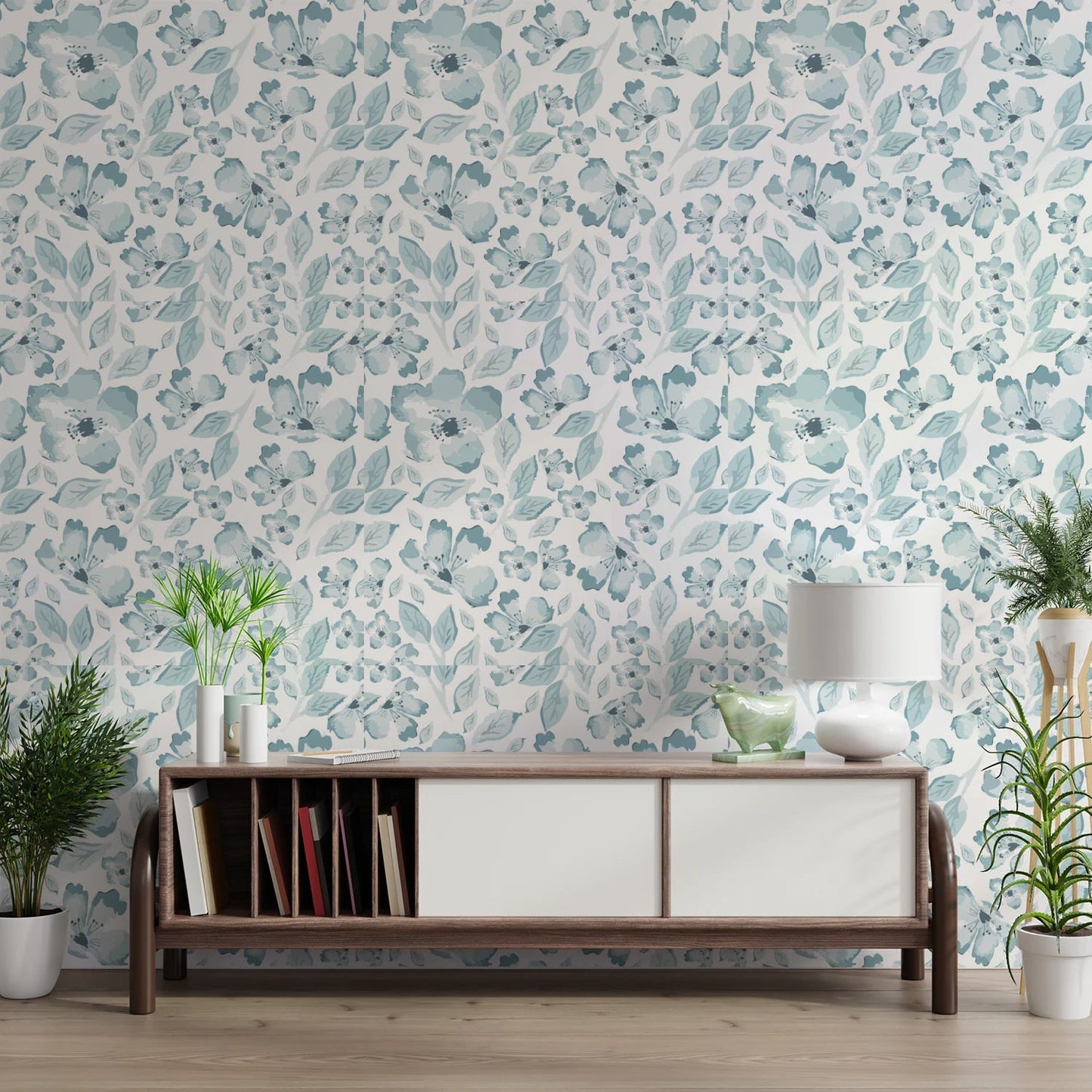 Living room with aqua bloom floral wallpaper.
