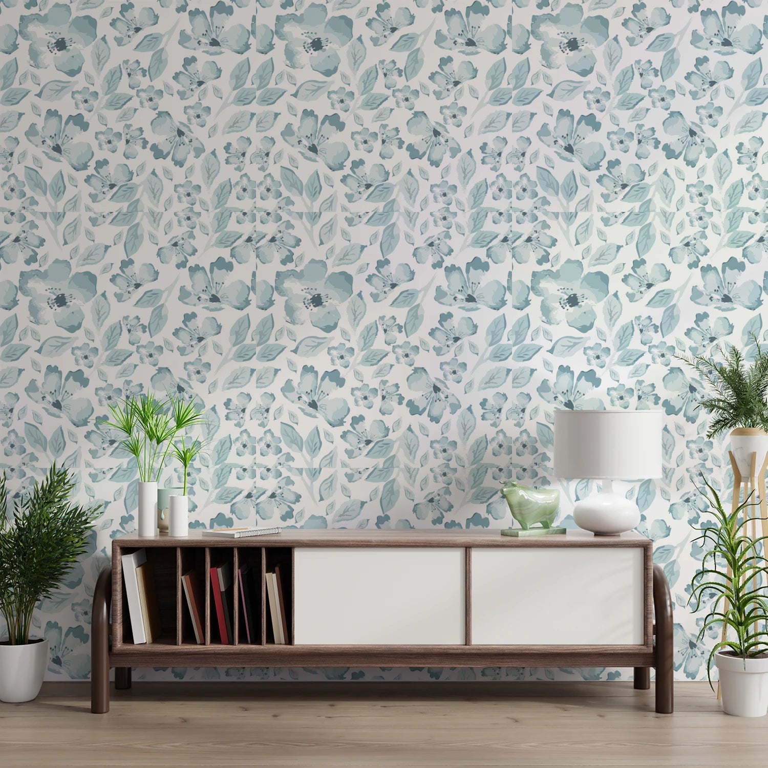 Living room with aqua bloom floral wallpaper.