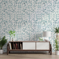 Living room with aqua bloom floral wallpaper.