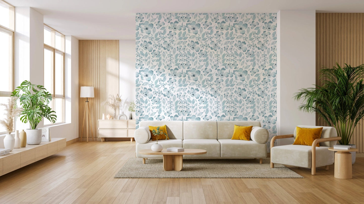 Minimalist living area with aqua bloom serenity wallpaper.