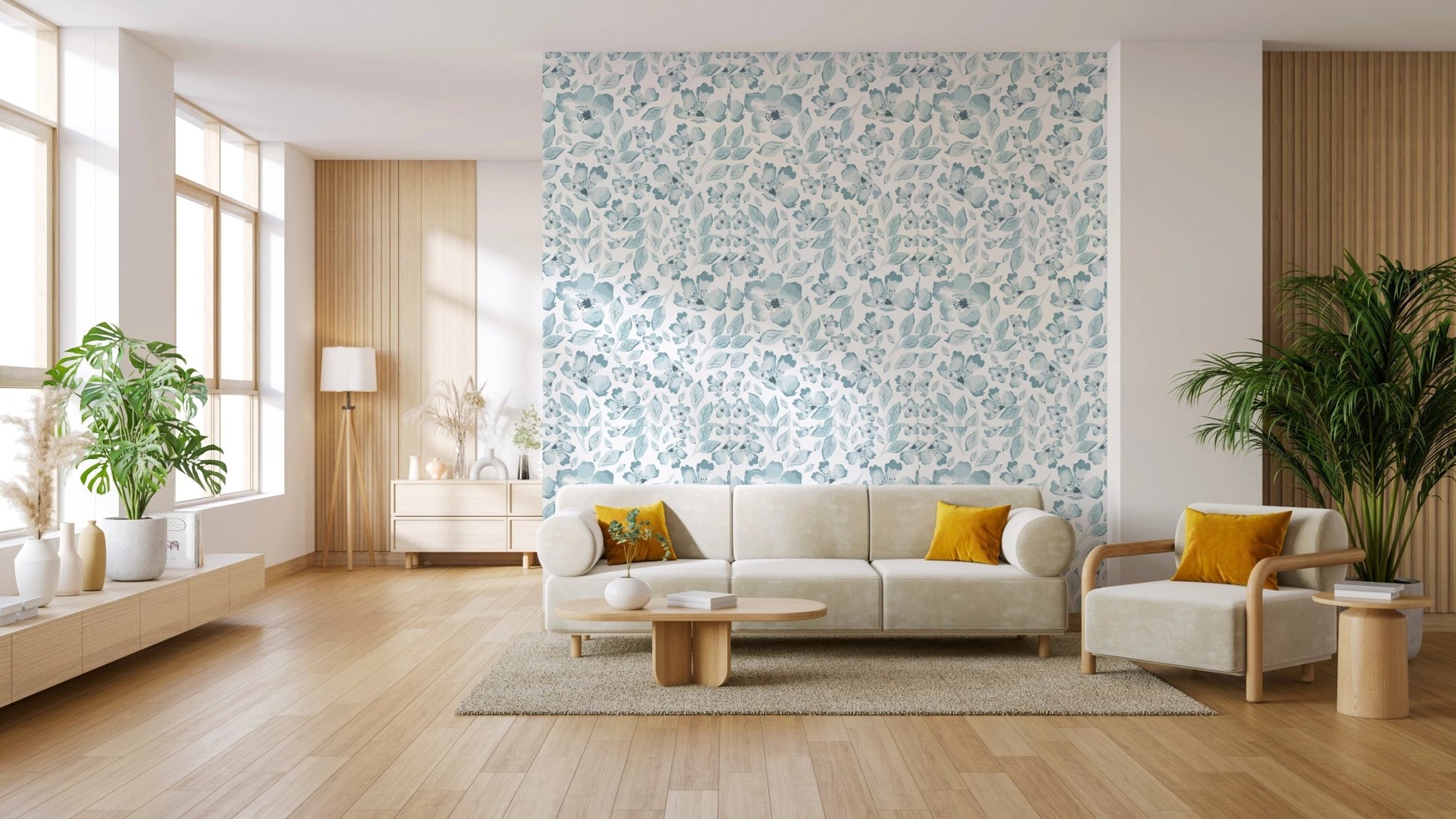 Minimalist living area with aqua bloom serenity wallpaper.