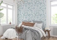 Bright bedroom with and aqua bloom serenity wallpaper.