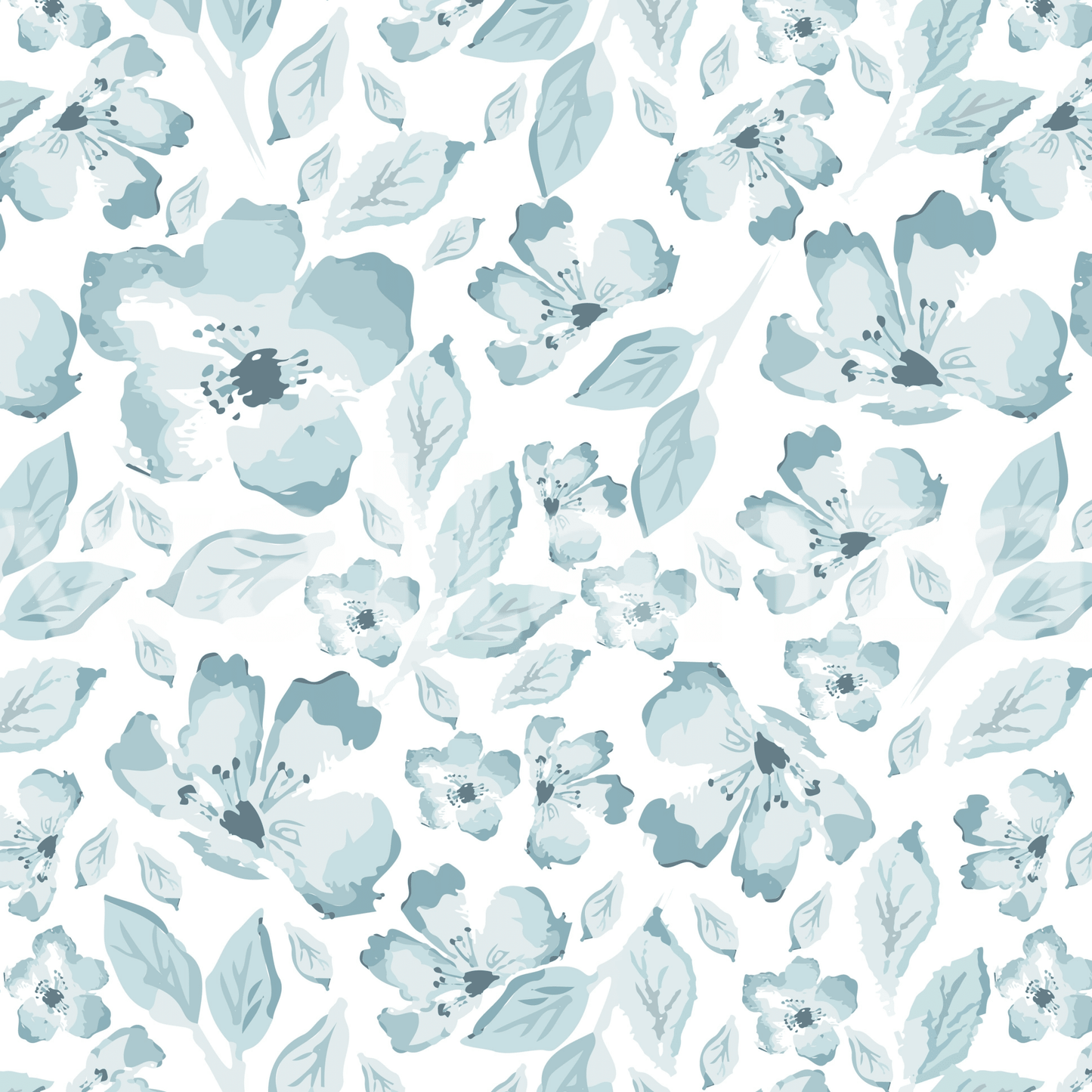 Detailed pattern of aqua flowers and green leaves on a white wallpaper.