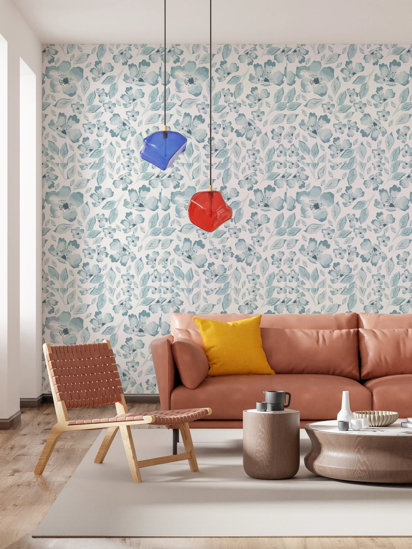 Living space with light blue botanical bloom wallpaper.