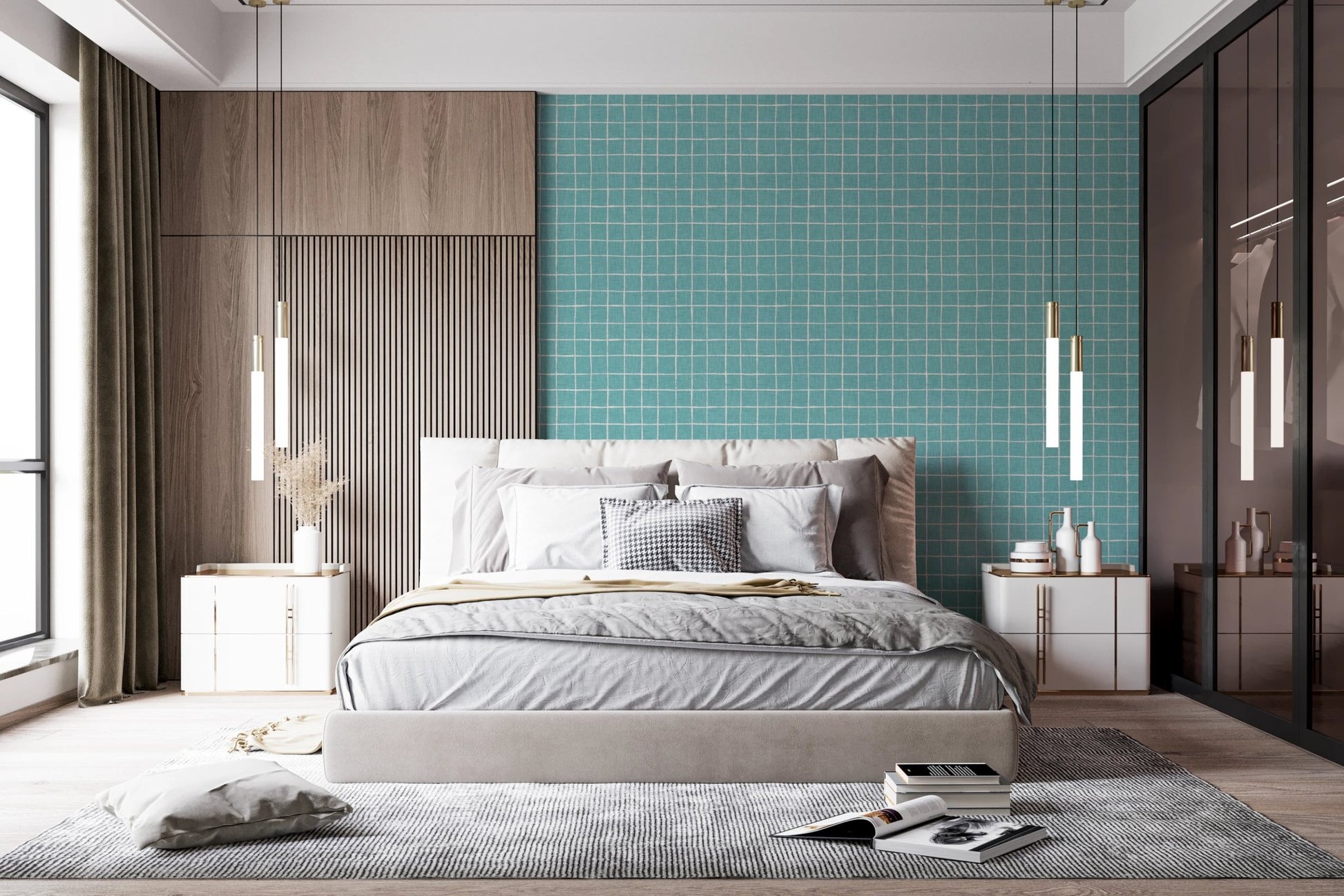 Hand-lined aqua grid for contemporary wallpaper murals