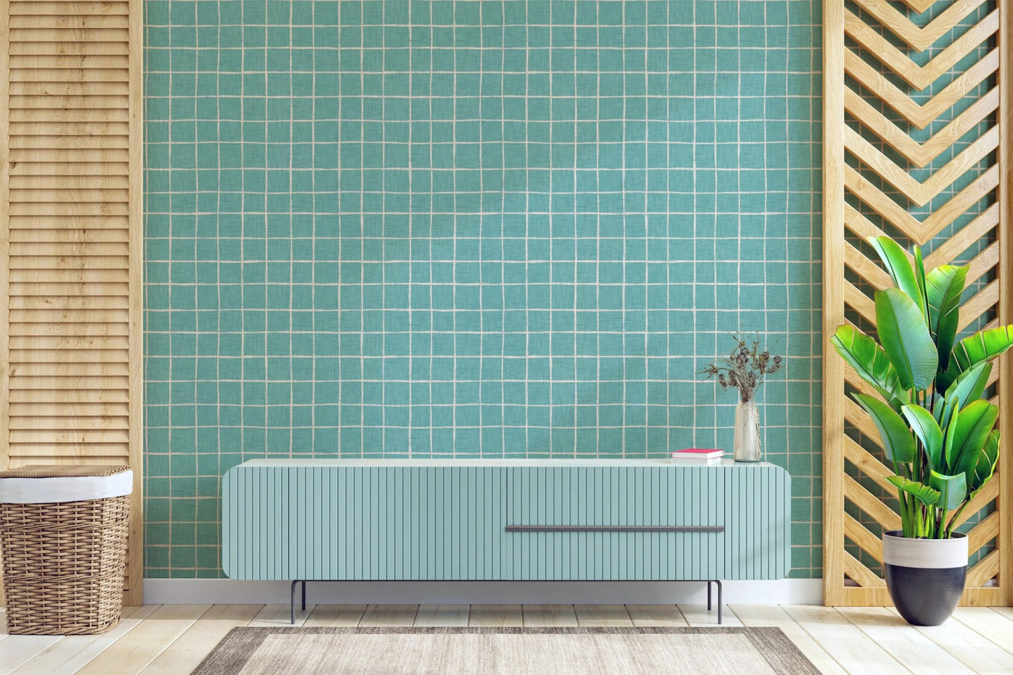 Organic aqua lattice design in wallpaper murals