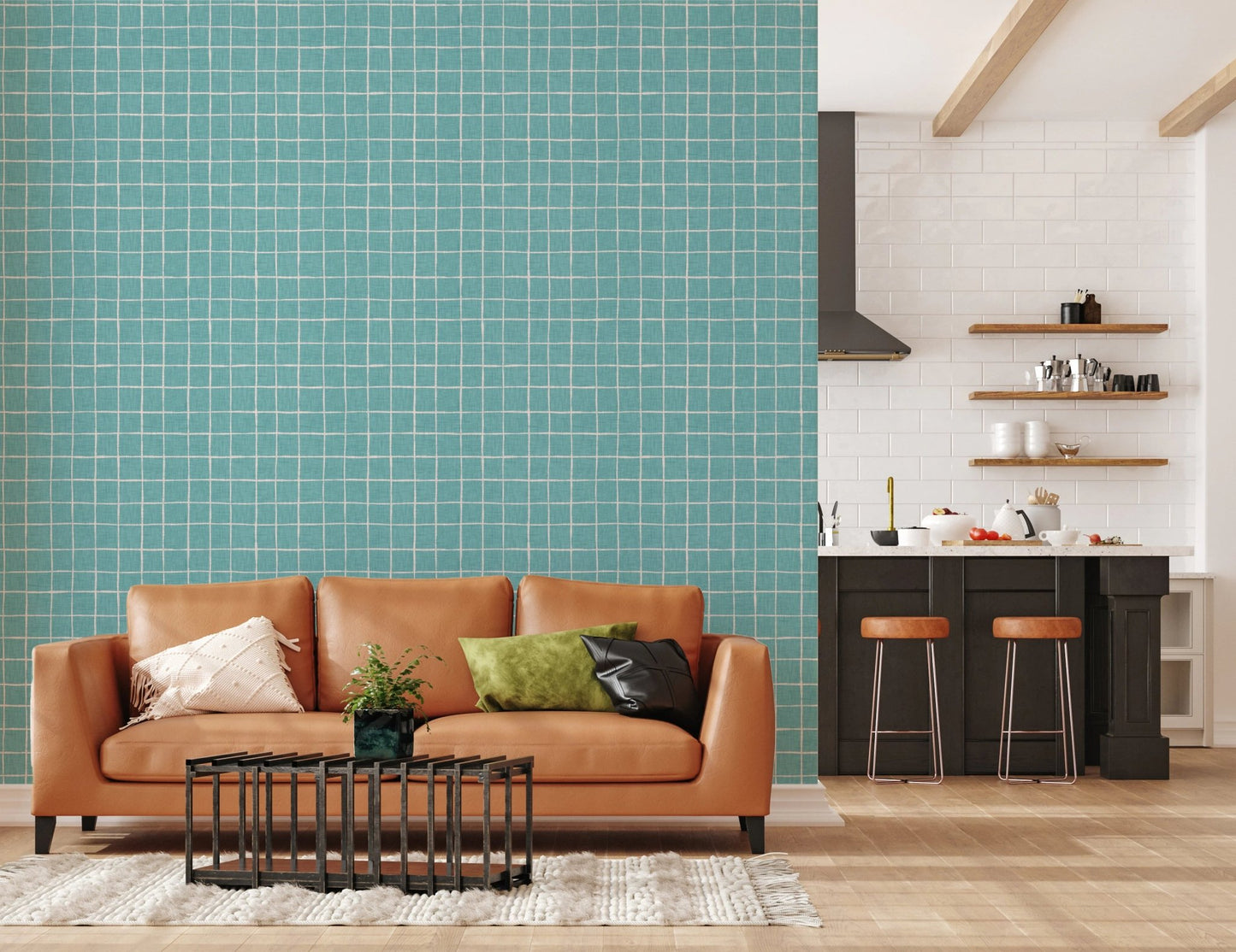 Minimal aqua line grid for designer wallpaper murals