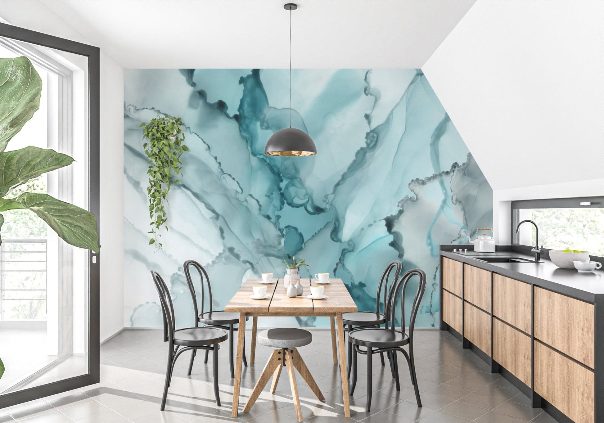 Blue abstract fluid wall mural in a dining area with grey chairs and wooden table.