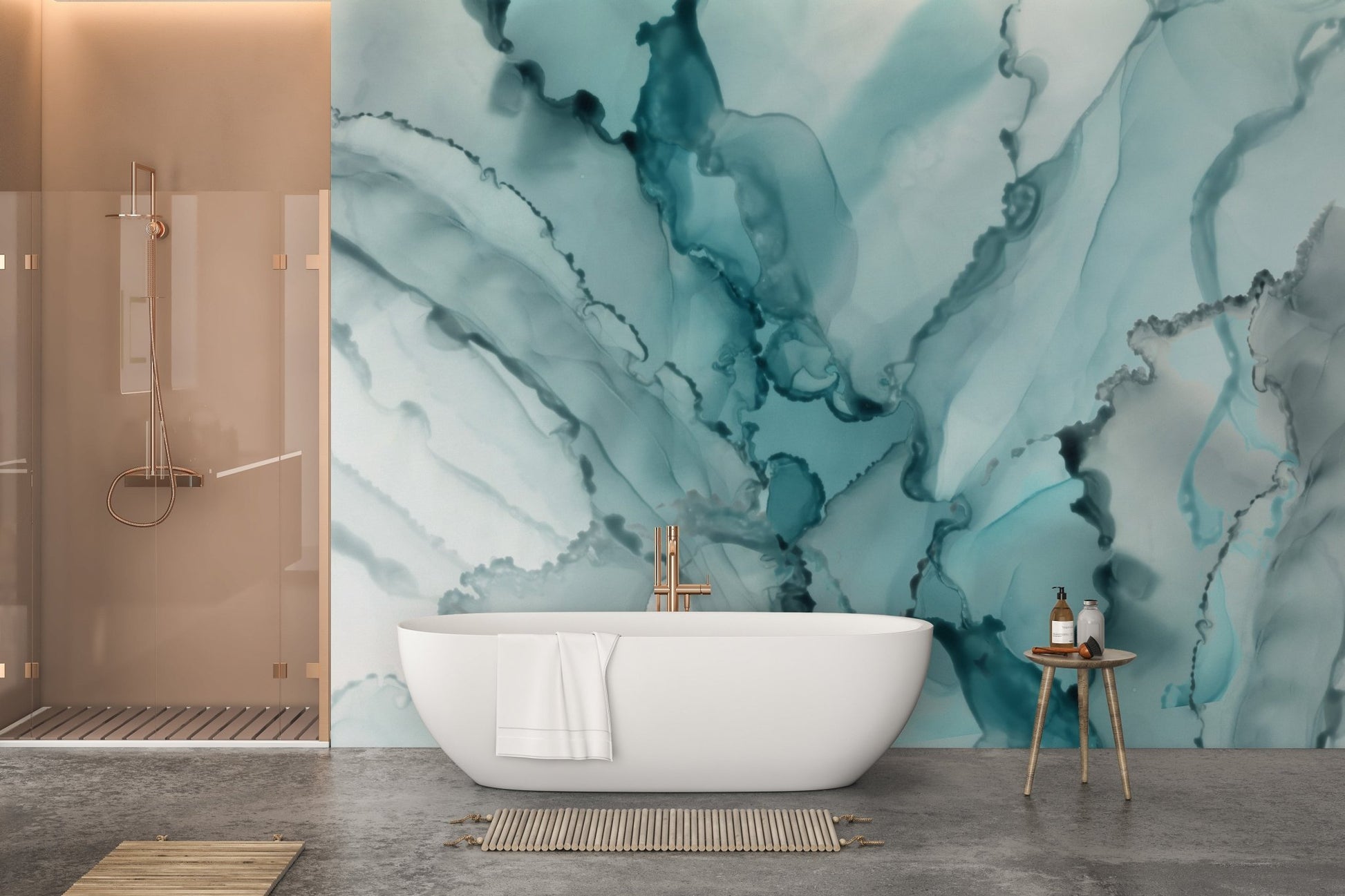 Aqua Ink Marble Abstracts wall mural in a bathroom with a white freestanding tub.