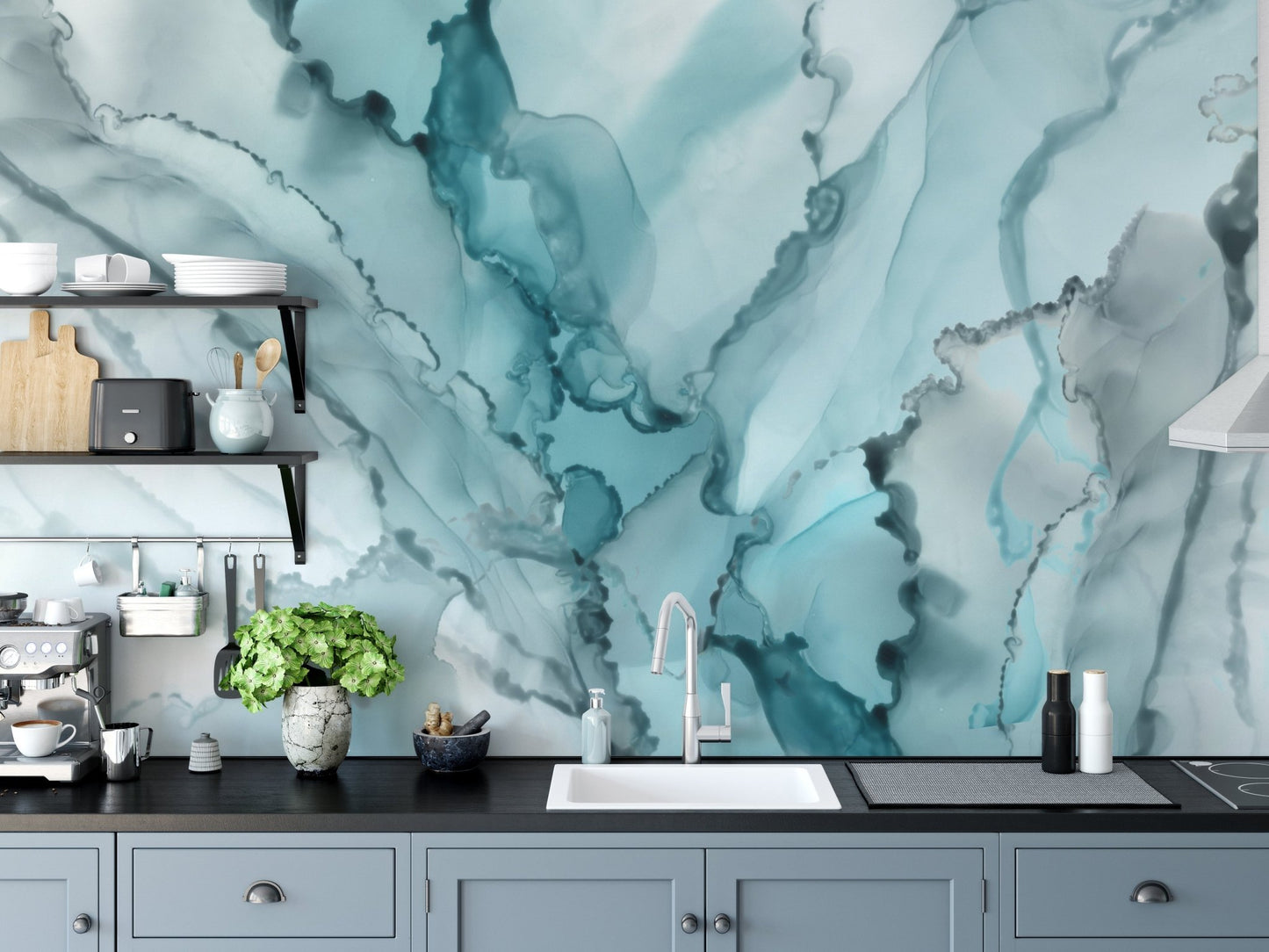 Teal and grey abstract ink wall mural used as a kitchen backsplash focal point.