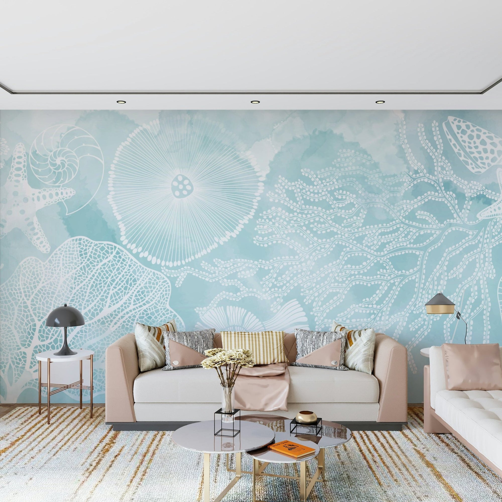 Teal ocean wallpaper on a focal wall