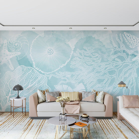 Teal ocean wallpaper on a focal wall