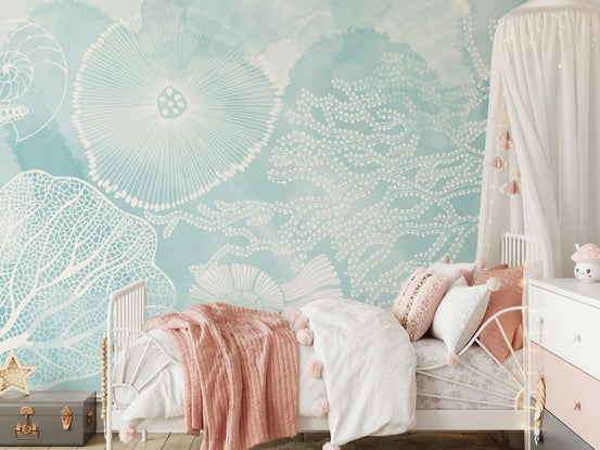 Calm aqua marine graphics wall mural on a full wall
