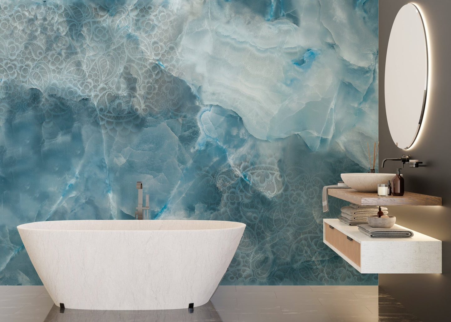 Modern bathroom with Aqua Stone Cracked Texture Wall Mural.