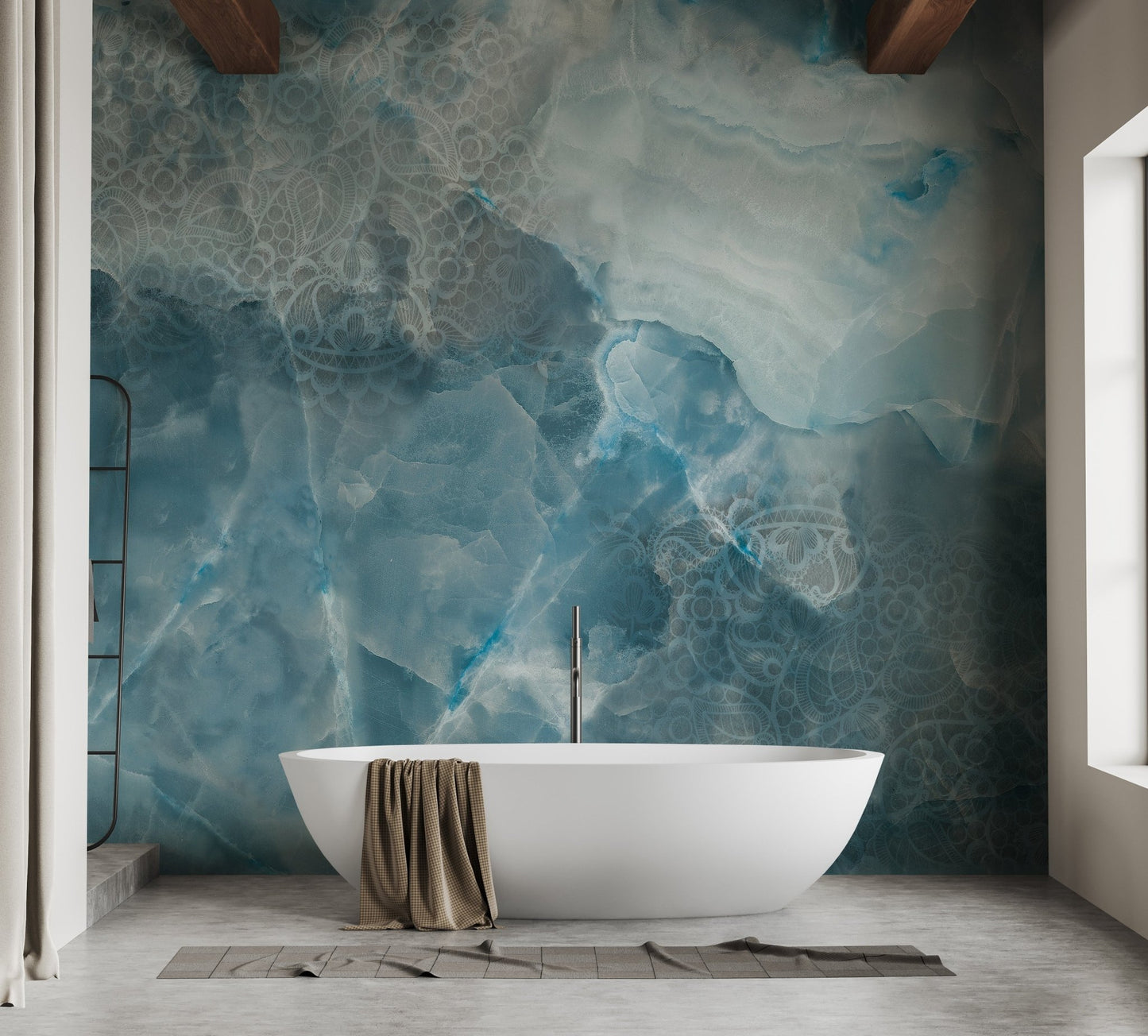 Blue stone texture wall mural in a modern washroom.