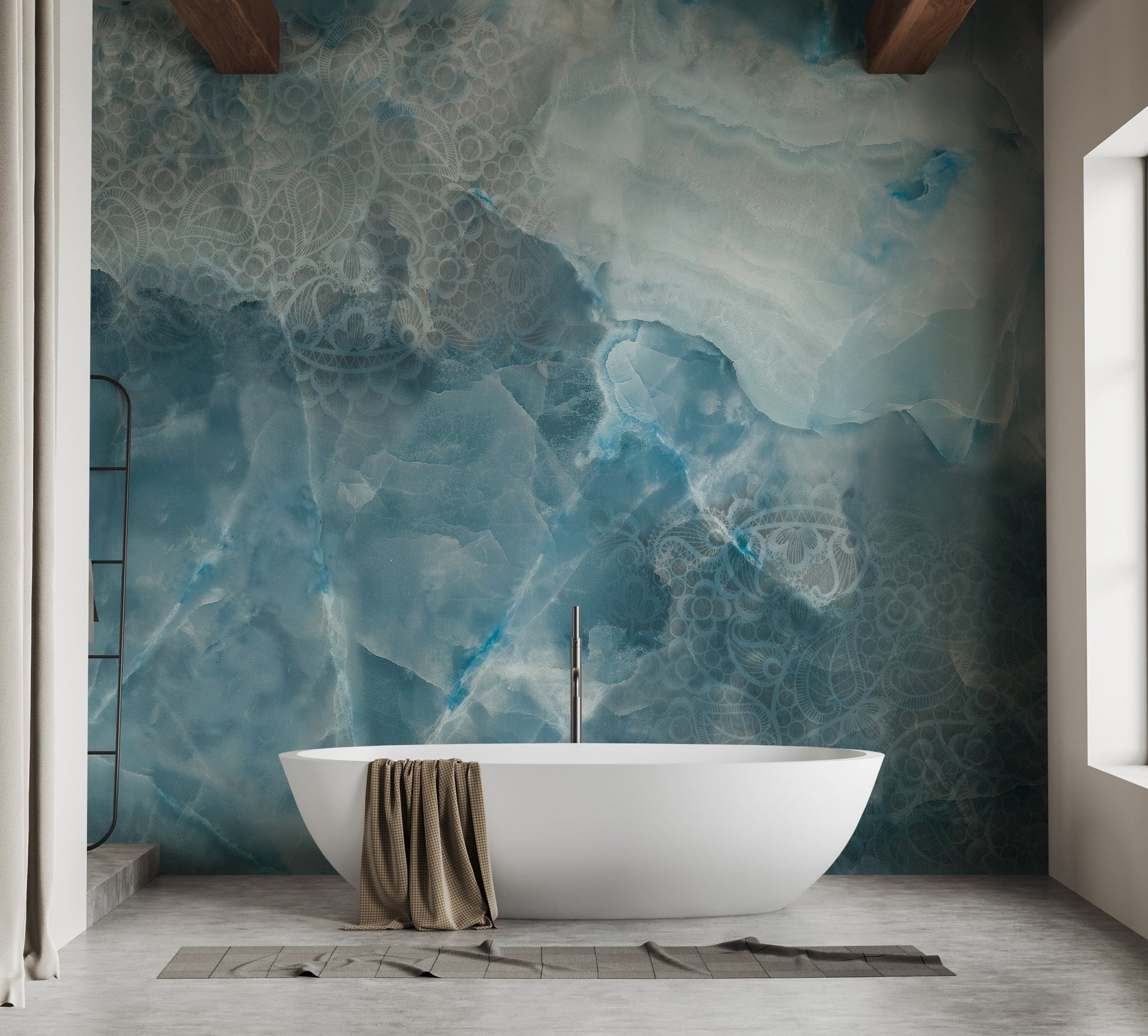 Blue stone texture wall mural in a modern washroom.