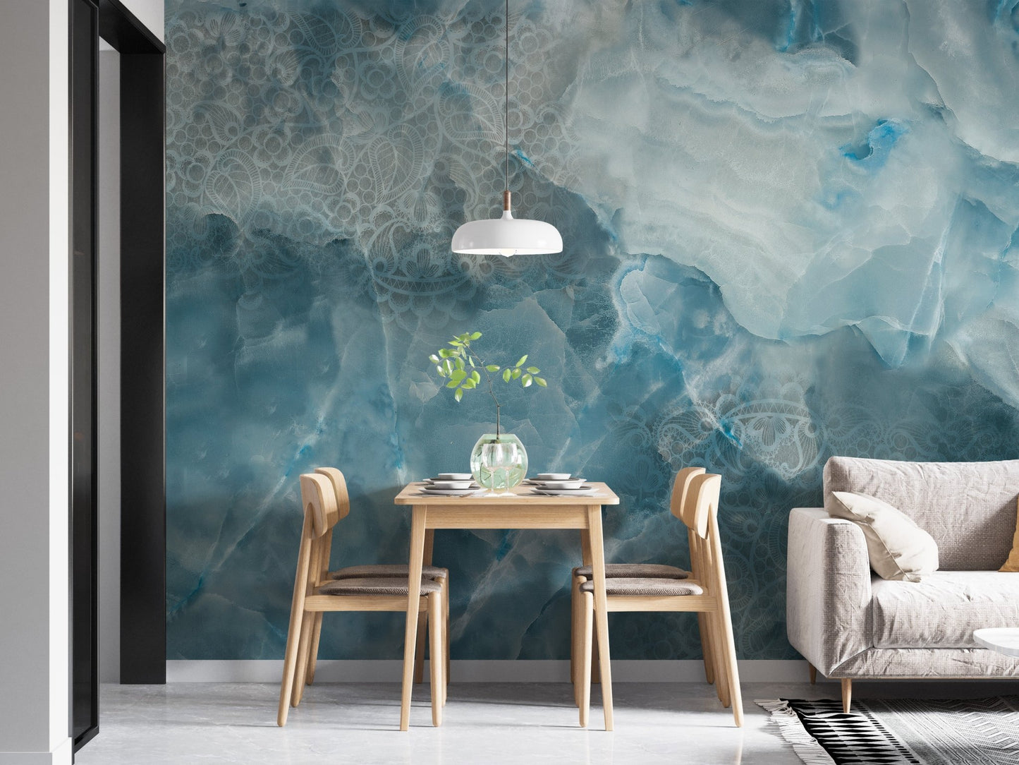 Dining area with an aqua blue stone pattern wall mural background.