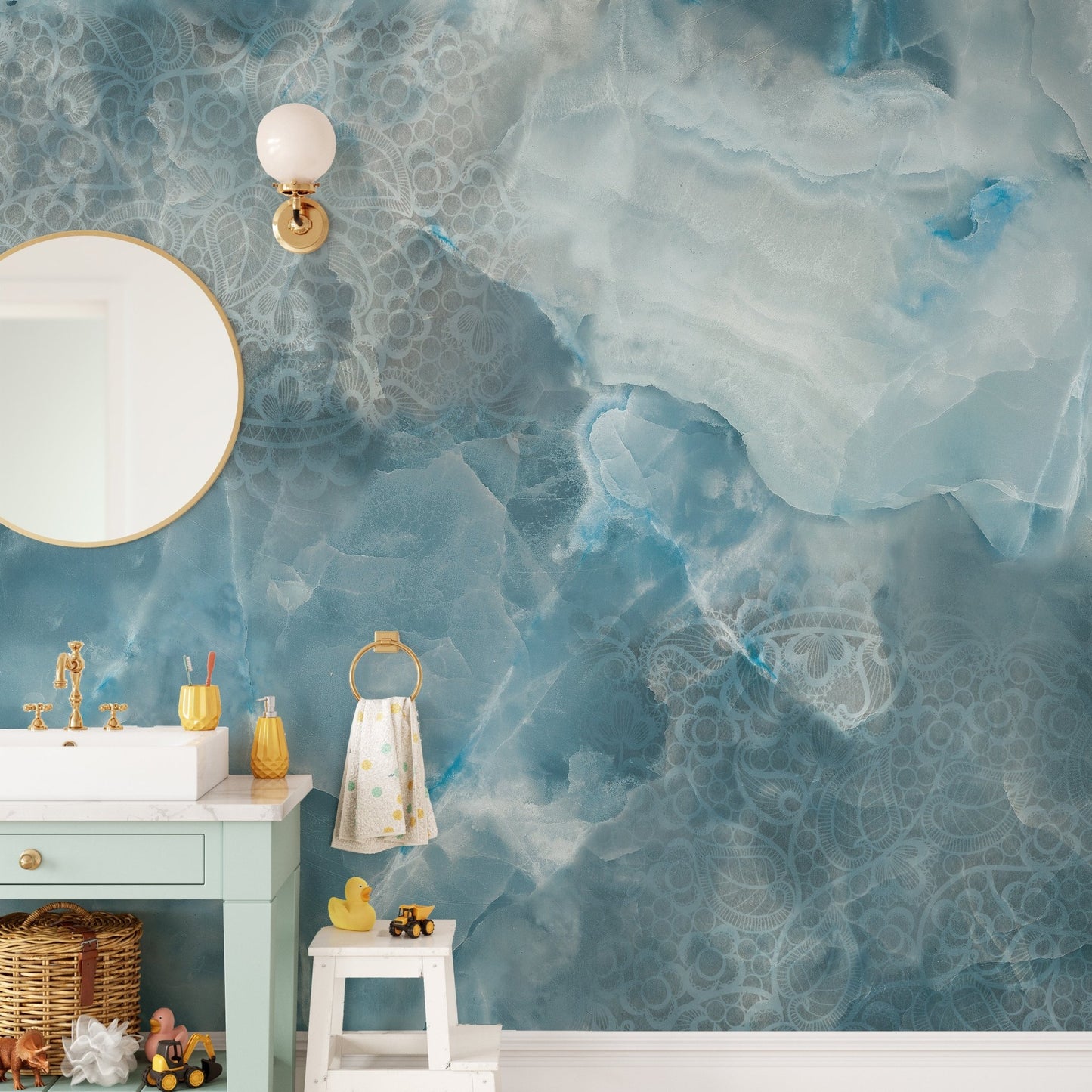 Aqua cracked stone mural with natural tones for bathroom.