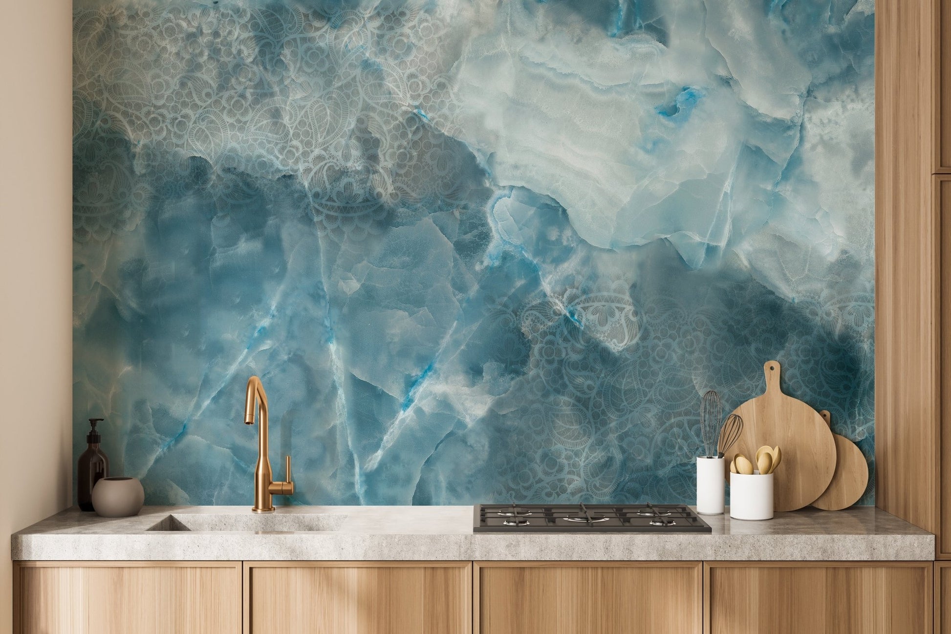 Kitchen backsplash featuring an aqua cracked stone wall mural.