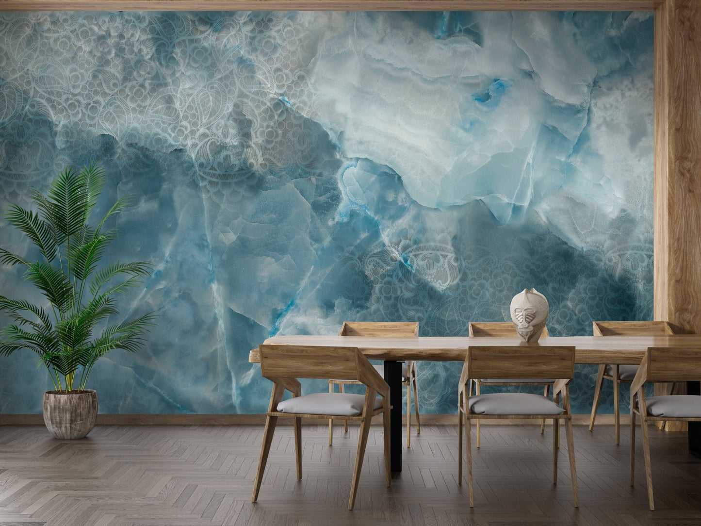 Large dining set against an abstract blue cracked texture wall mural.