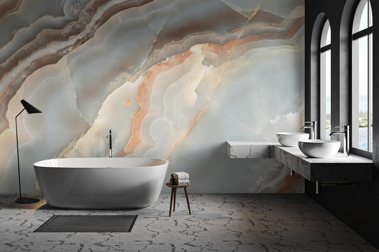 Aqua Tone Natural Marble Wall Mural in modern washroom.