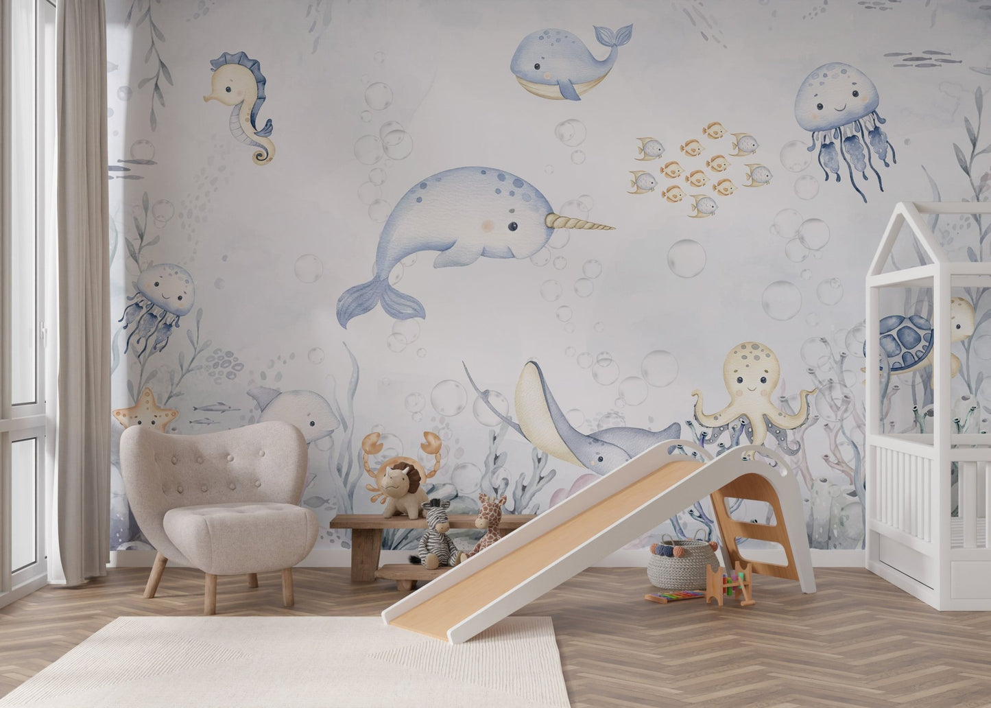 Narwhal and friendly fish playing in bubbly waters on a kids' ocean mural.