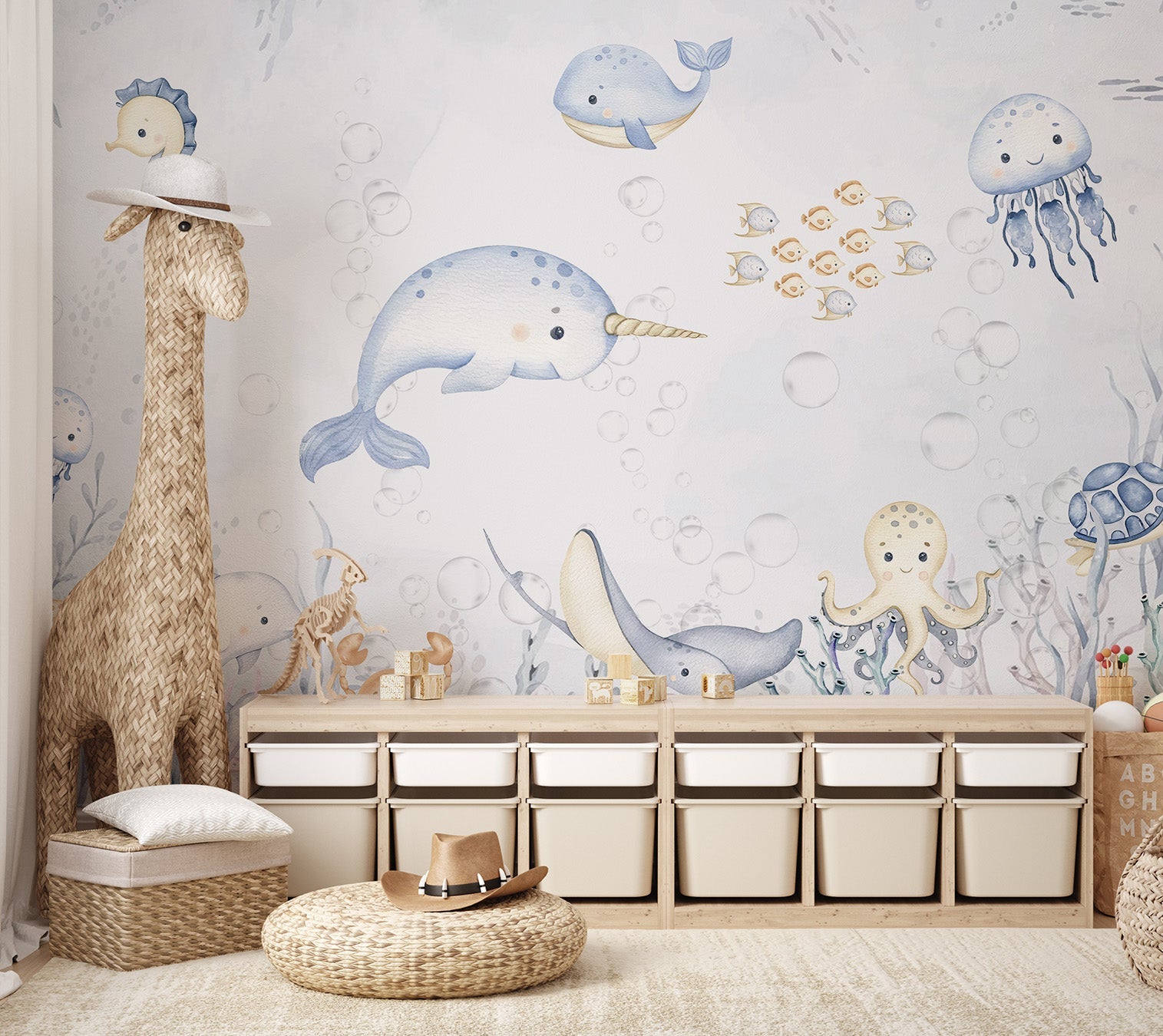 Soft grey and blue underwater scene with coral wall mural