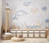 Soft grey and blue underwater scene with coral wall mural