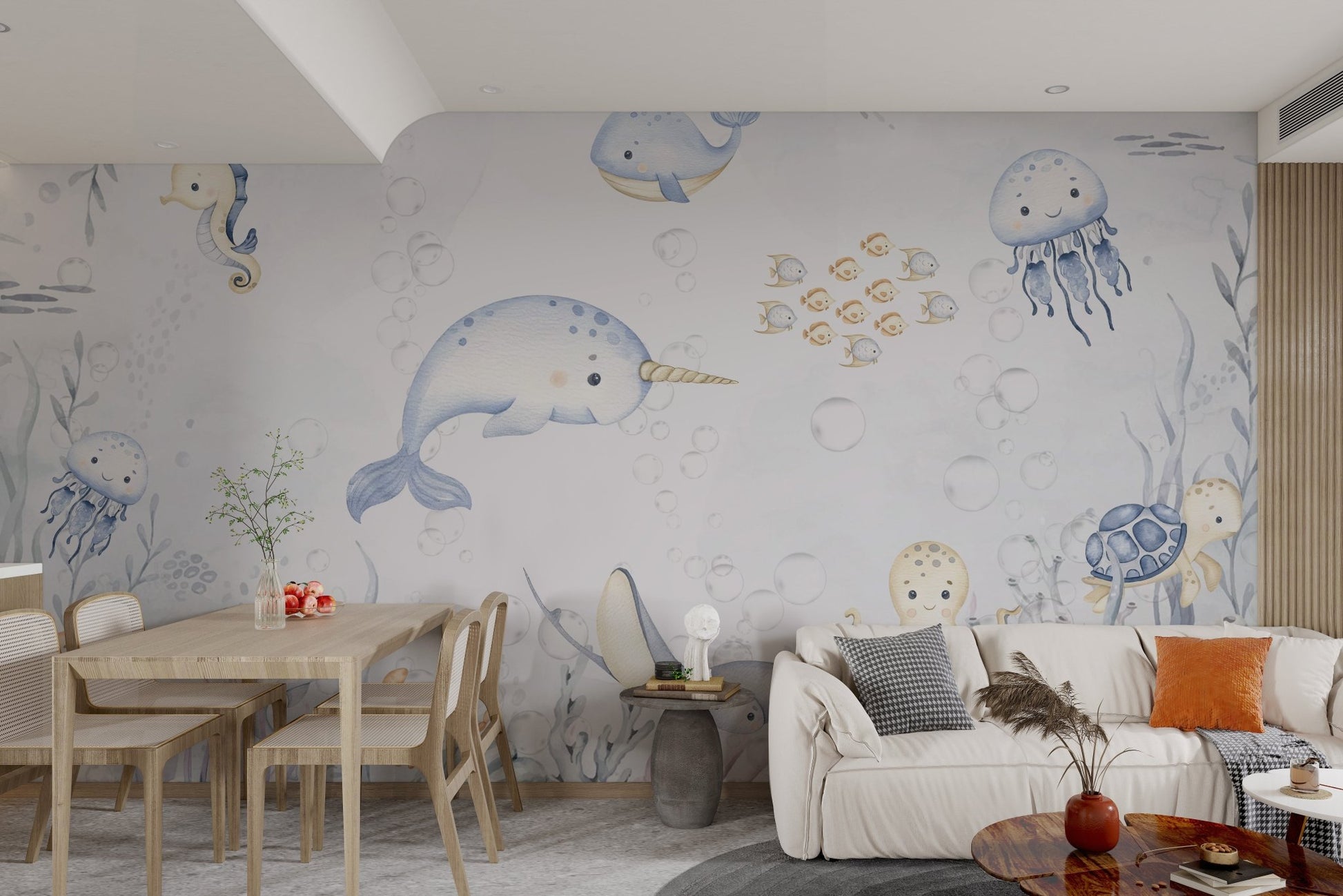 Aquatic Animals Kids Room Wall Mural with octopus and ray.