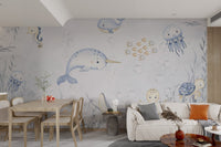Aquatic Animals Kids Room Wall Mural with octopus and ray.