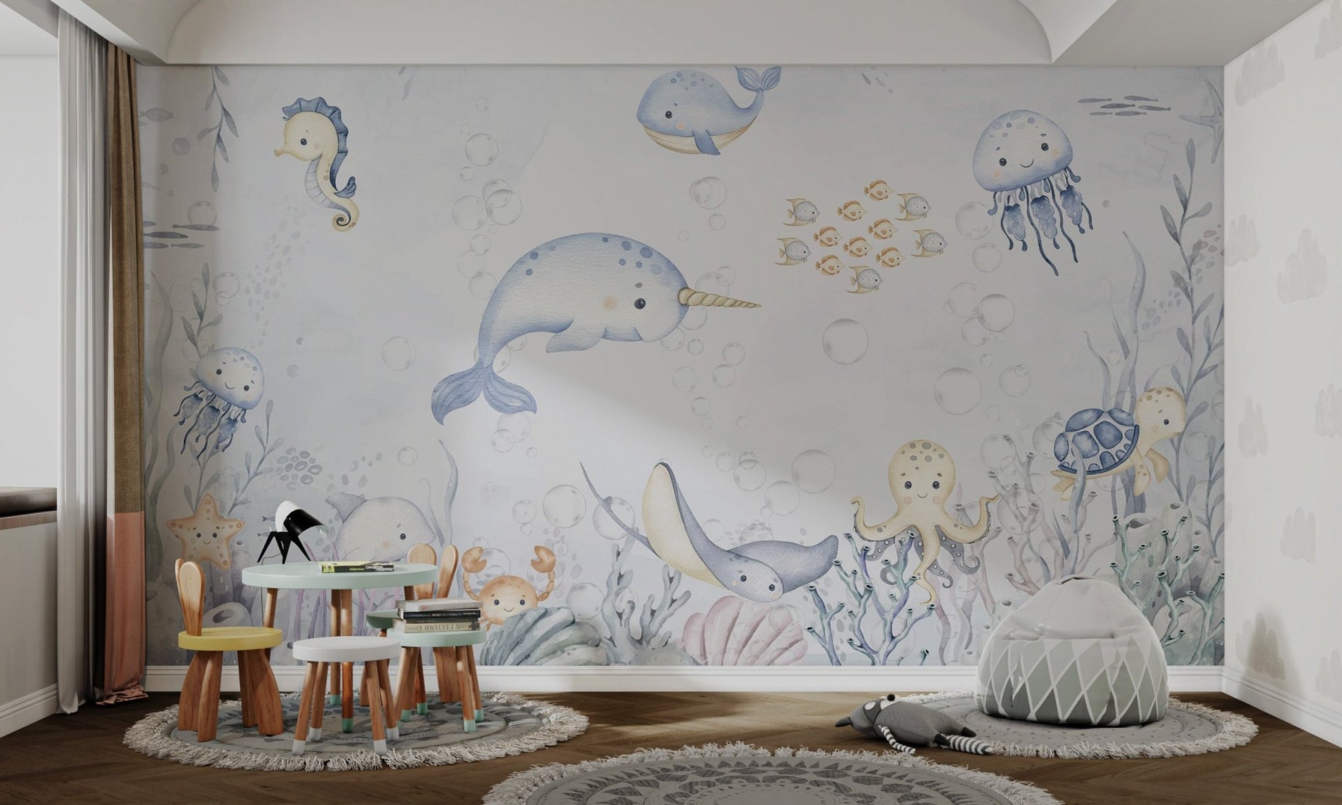 Blue sea turtle swimming near coral reef aquatic wall mural for study room.