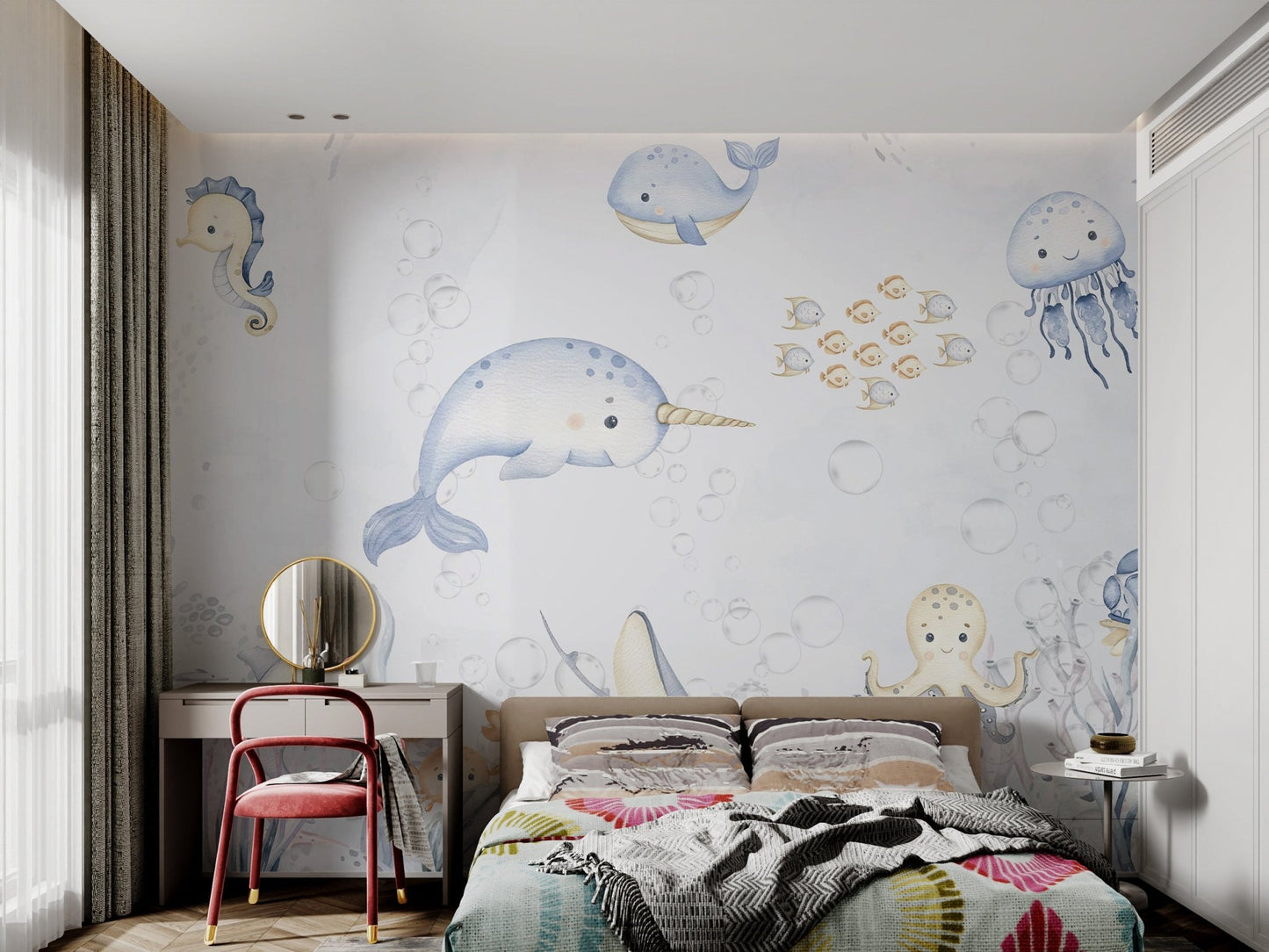 Small orange fish school with bubbles background wall mural for kids bedroom.