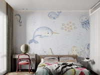 Small orange fish school with bubbles background wall mural for kids bedroom.