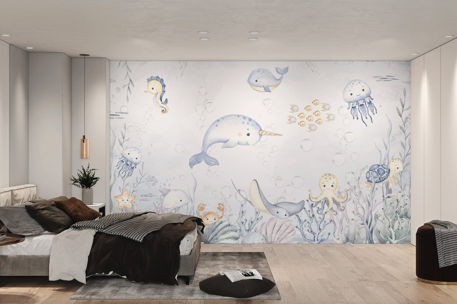 Yellow octopus and stingray marine life illustration wall mural for bedroom.