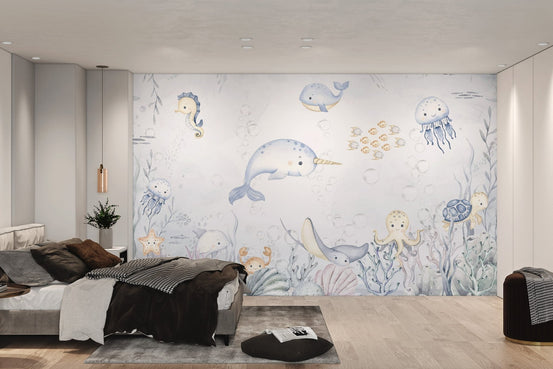 Yellow octopus and stingray marine life illustration wall mural for bedroom.