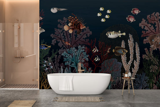 Wall mural showcasing an underwater aquatic ballet for bathroom backdrop.
