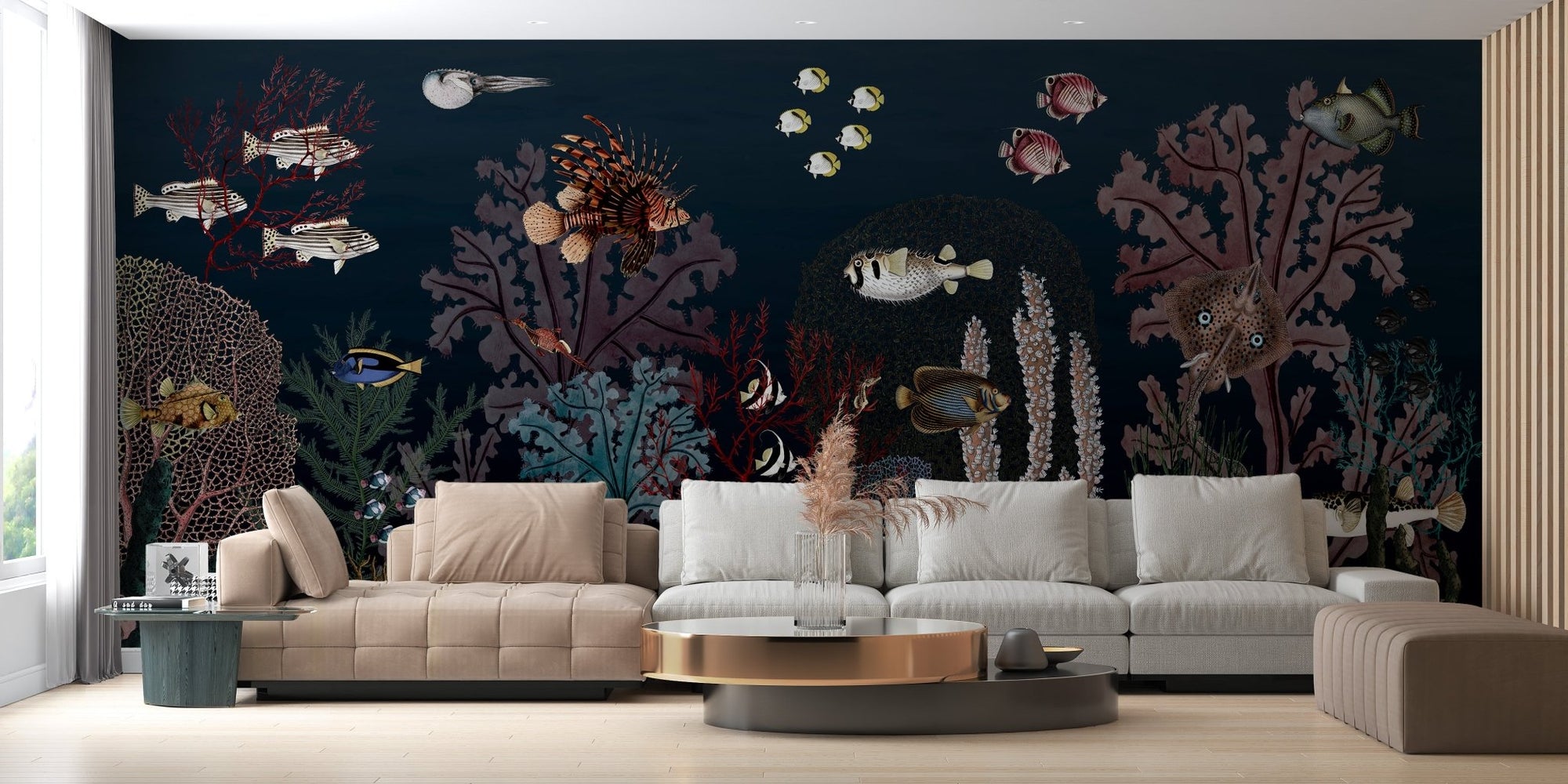Aquatic ballet mural featuring graceful marine life for living room wall.

