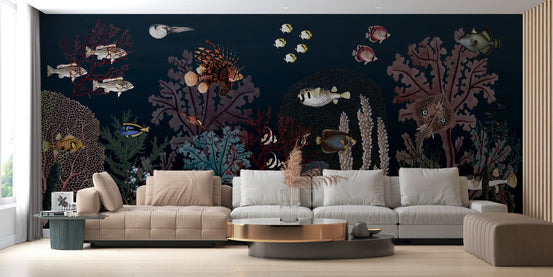 Aquatic ballet mural featuring graceful marine life for living room wall.
