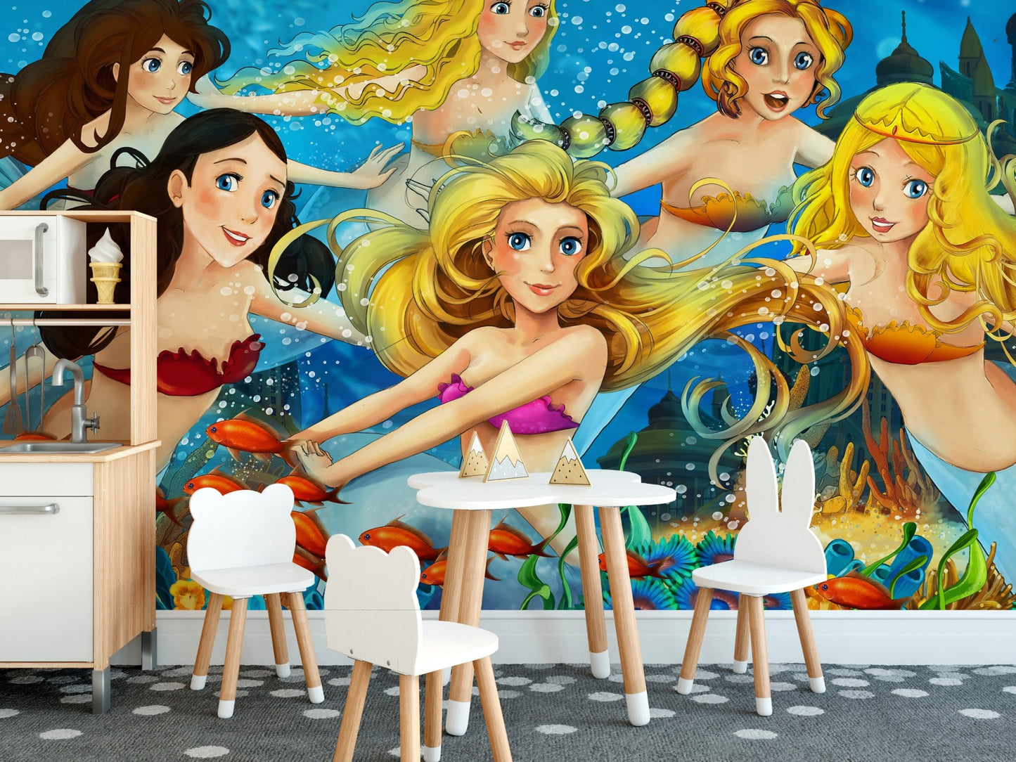 Aquatic Fairy Tale Wallpaper mural in a minimalist dining space.
