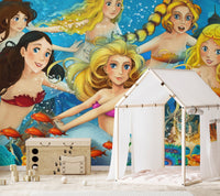 Sea fairy tale wall mural in a bedroom with a white house bed.