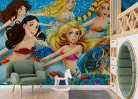 Aquatic Fairy Tale Wallpaper mural in a nursery with a green armchair.