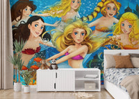 Under the sea fairy tale wallpaper mural for a primary bedroom accent.