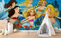 Cartoon aquatic mermaid wall mural with a white teepee tent.