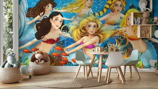 Aquatic Mermaid wall mural in a bright playroom with wooden furniture.