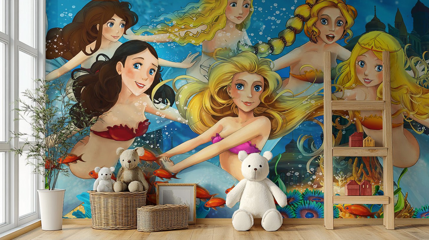 Vibrant underwater fairy tale wallpaper mural in a sunlit kids room.