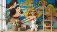 Vibrant underwater fairy tale wallpaper mural in a sunlit kids room.